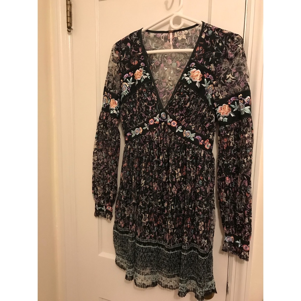 Free People Long Sleeve V Neck Dress-Multicolor